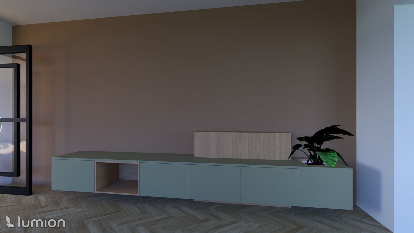 Wandmeubel met diverse kastjes in groene kleurstelling