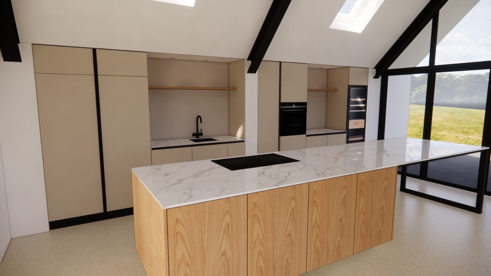 Keuken met Keukeneiland gesitueerd tegen schuine wand